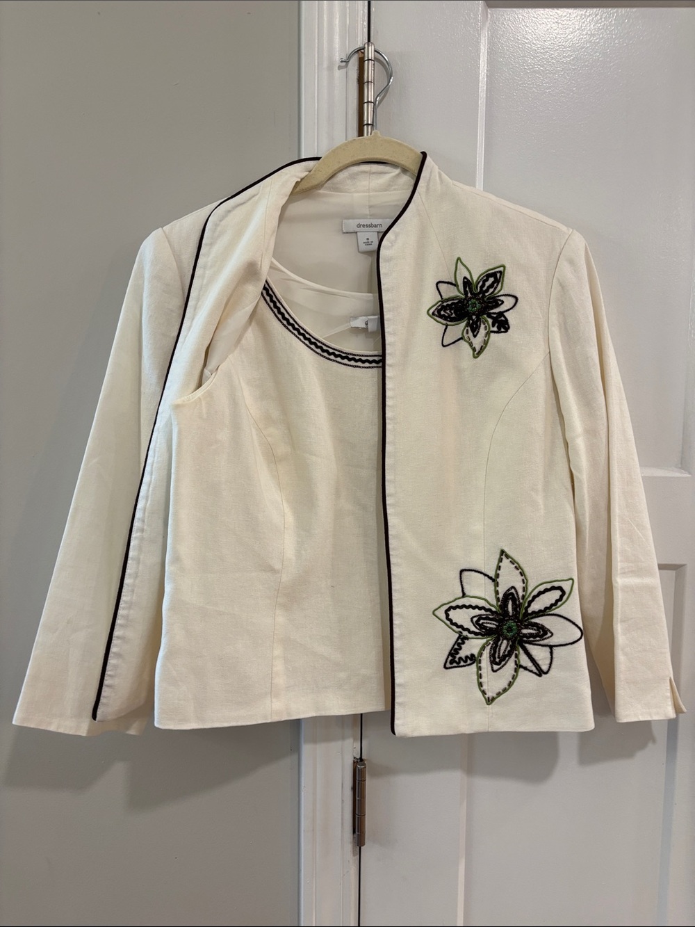 dressbarn Cream Blazer Set with Black Piping and Green Floral Embroidery
